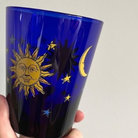 Vintage Libbey Cobalt Blue Celestial Sun Moon Stars Glass Cup Tumbler - Picture 1 of 9